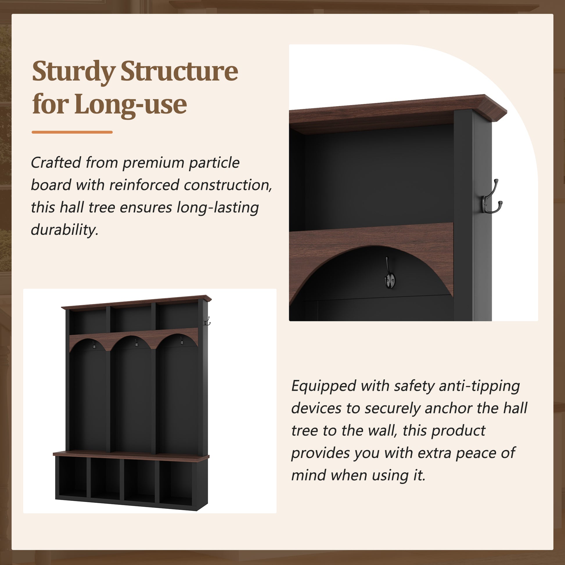 Farmhouse Wooden Style Hall Tree with Arched Design, Practical Entryway Walnut Storage Bench with 5 Black Hooks, Minimalist 4-in-1 Hallway Shoe Cabinet with 7 Cubbies for Mudroom, Living Room, Black