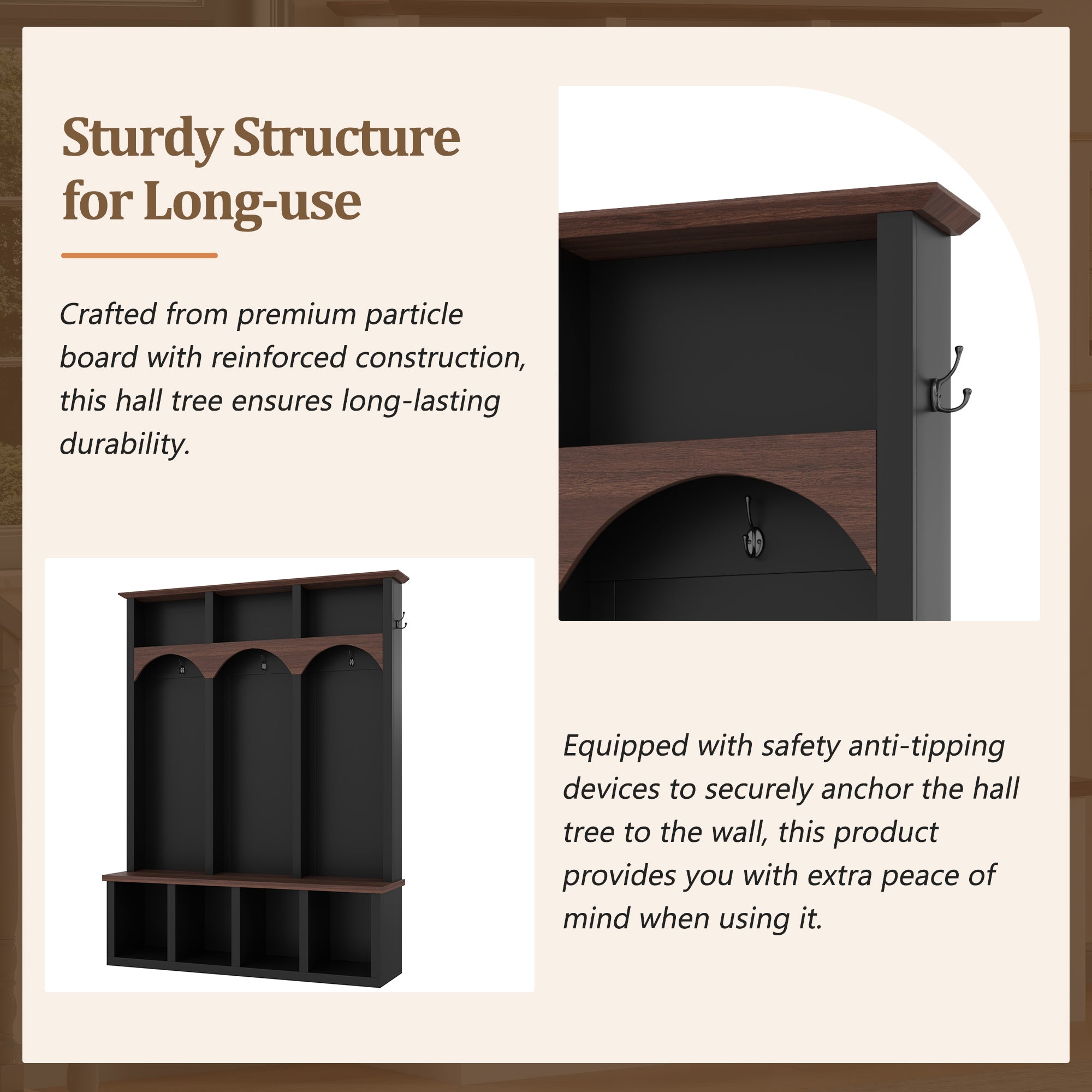 Farmhouse Wooden Style Hall Tree with Arched Design, Practical Entryway Walnut Storage Bench with 5 Black Hooks, Minimalist 4-in-1 Hallway Shoe Cabinet with 7 Cubbies for Mudroom, Living Room, Black