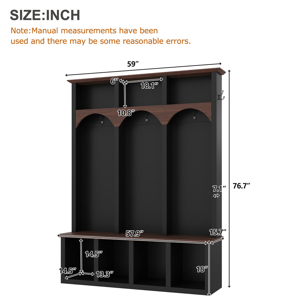 Farmhouse Wooden Style Hall Tree with Arched Design, Practical Entryway Walnut Storage Bench with 5 Black Hooks, Minimalist 4-in-1 Hallway Shoe Cabinet with 7 Cubbies for Mudroom, Living Room, Black