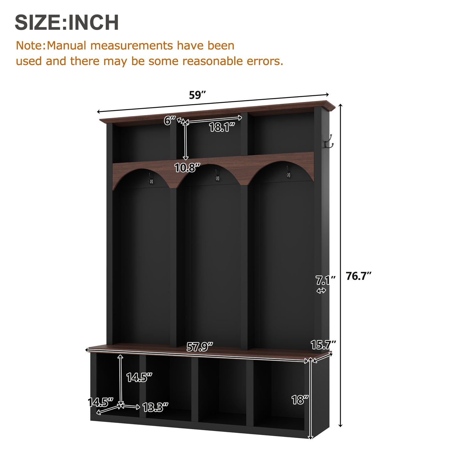 Farmhouse Wooden Style Hall Tree with Arched Design, Practical Entryway Walnut Storage Bench with 5 Black Hooks, Minimalist 4-in-1 Hallway Shoe Cabinet with 7 Cubbies for Mudroom, Living Room, Black