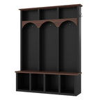 Farmhouse Wooden Style Hall Tree with Arched Design, Practical Entryway Walnut Storage Bench with 5 Black Hooks, Minimalist 4-in-1 Hallway Shoe Cabinet with 7 Cubbies for Mudroom, Living Room, Black