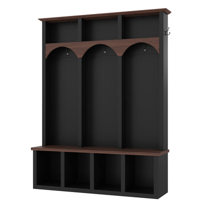 Farmhouse Wooden Style Hall Tree with Arched Design, Practical Entryway Walnut Storage Bench with 5 Black Hooks, Minimalist 4-in-1 Hallway Shoe Cabinet with 7 Cubbies for Mudroom, Living Room, Black