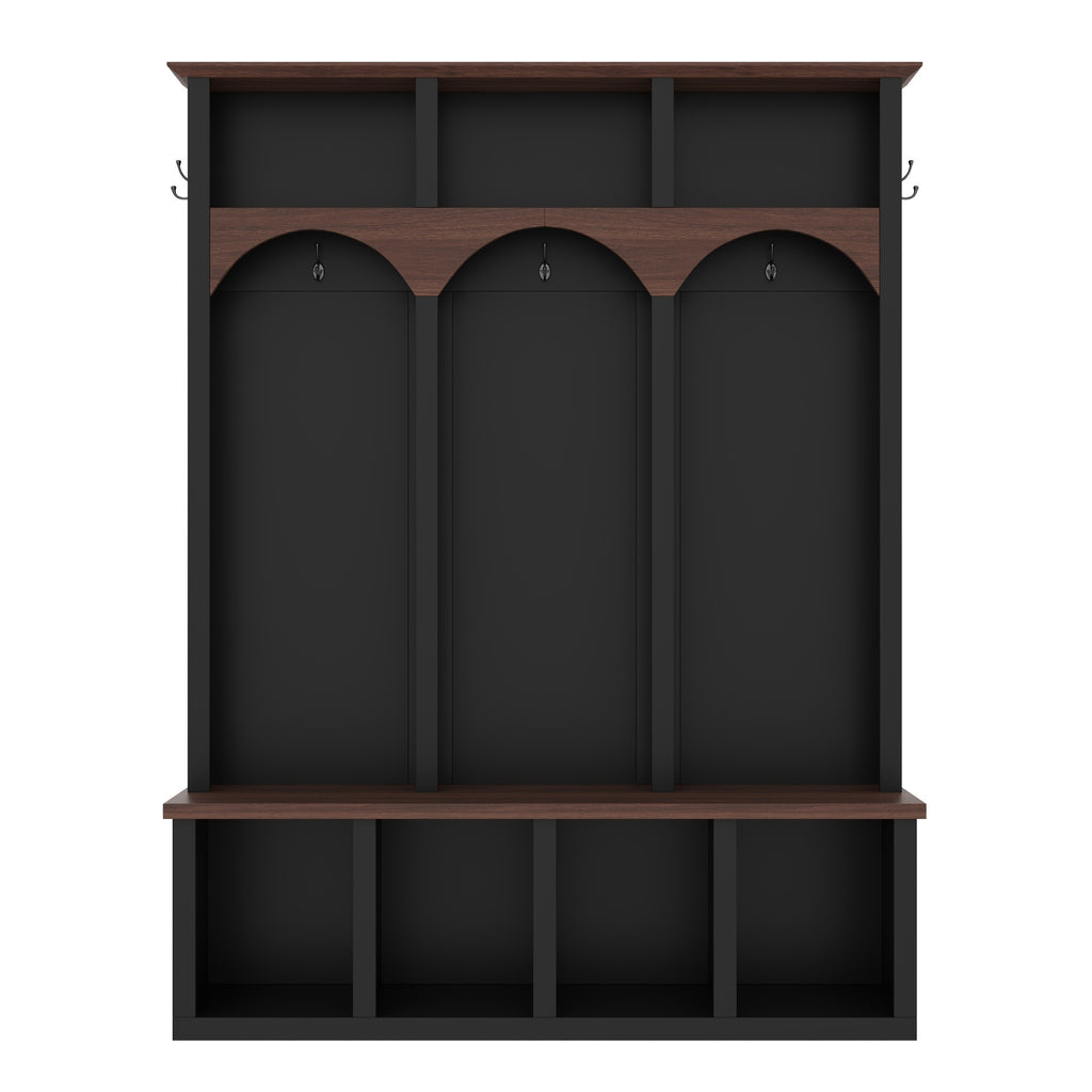 Farmhouse Wooden Style Hall Tree with Arched Design, Practical Entryway Walnut Storage Bench with 5 Black Hooks, Minimalist 4-in-1 Hallway Shoe Cabinet with 7 Cubbies for Mudroom, Living Room, Black