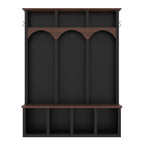 Farmhouse Wooden Style Hall Tree with Arched Design, Practical Entryway Walnut Storage Bench with 5 Black Hooks, Minimalist 4-in-1 Hallway Shoe Cabinet with 7 Cubbies for Mudroom, Living Room, Black