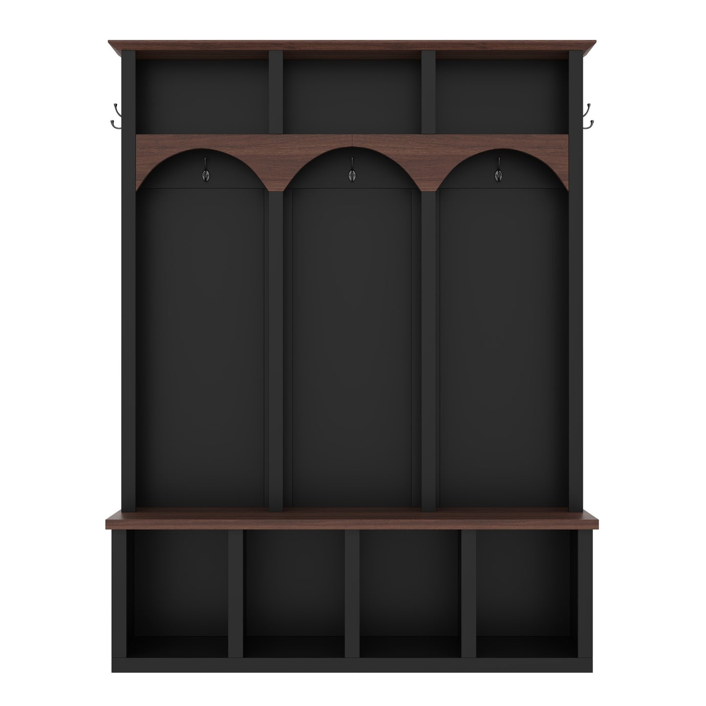 Farmhouse Wooden Style Hall Tree with Arched Design, Practical Entryway Walnut Storage Bench with 5 Black Hooks, Minimalist 4-in-1 Hallway Shoe Cabinet with 7 Cubbies for Mudroom, Living Room, Black