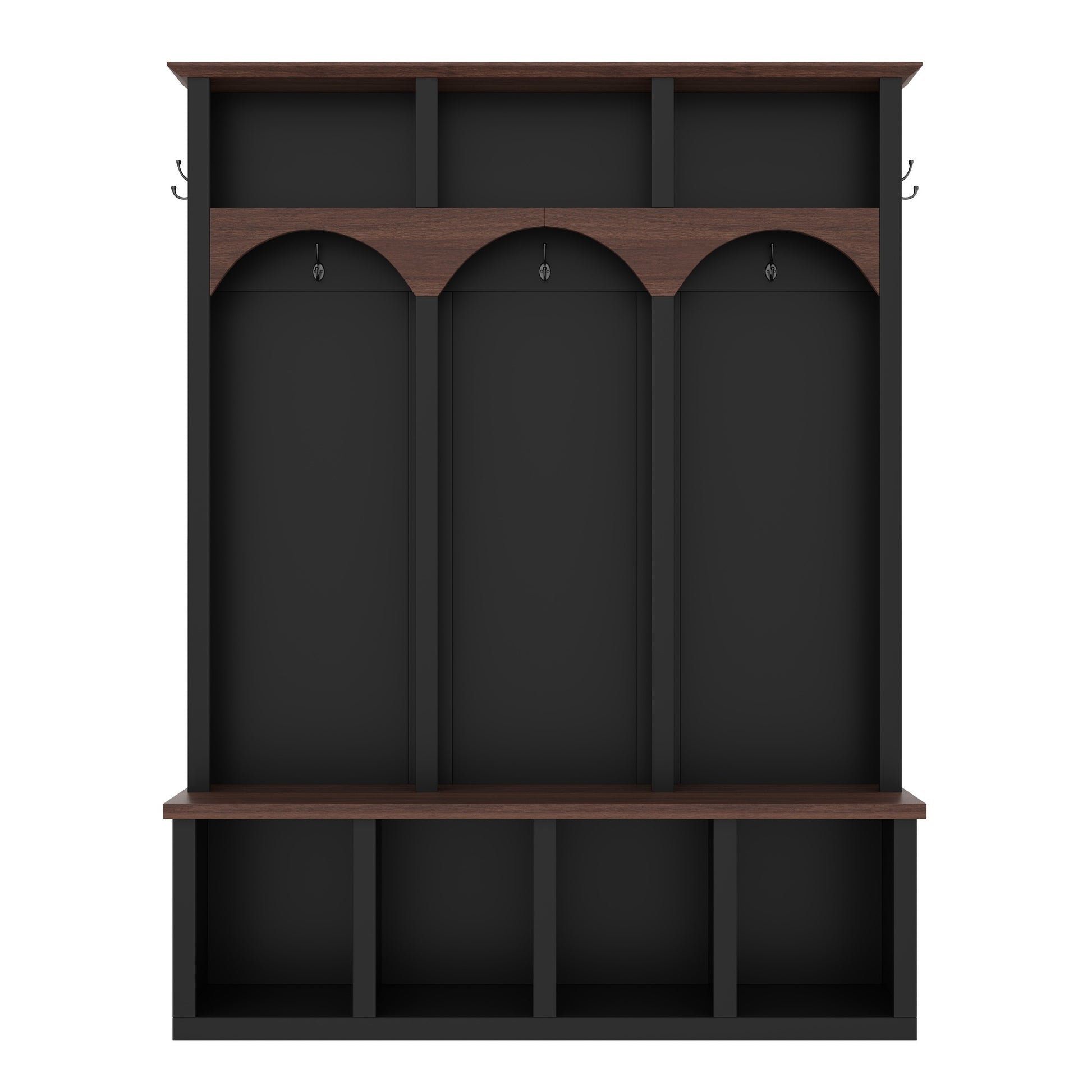 Farmhouse Wooden Style Hall Tree with Arched Design, Practical Entryway Walnut Storage Bench with 5 Black Hooks, Minimalist 4-in-1 Hallway Shoe Cabinet with 7 Cubbies for Mudroom, Living Room, Black