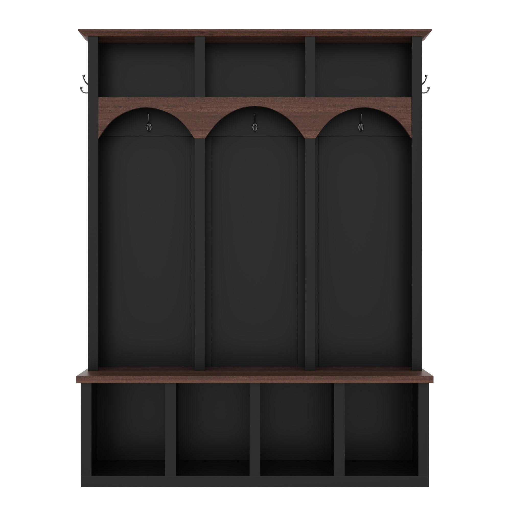Farmhouse Wooden Style Hall Tree with Arched Design, Practical Entryway Walnut Storage Bench with 5 Black Hooks, Minimalist 4-in-1 Hallway Shoe Cabinet with 7 Cubbies for Mudroom, Living Room, Black