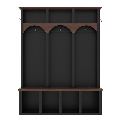 Farmhouse Wooden Style Hall Tree with Arched Design, Practical Entryway Walnut Storage Bench with 5 Black Hooks, Minimalist 4-in-1 Hallway Shoe Cabinet with 7 Cubbies for Mudroom, Living Room, Black