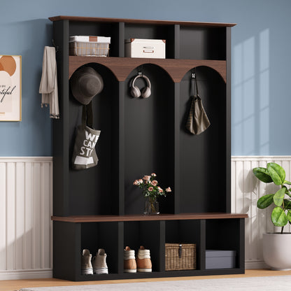 Farmhouse Wooden Style Hall Tree with Arched Design, Practical Entryway Walnut Storage Bench with 5 Black Hooks, Minimalist 4-in-1 Hallway Shoe Cabinet with 7 Cubbies for Mudroom, Living Room, Black