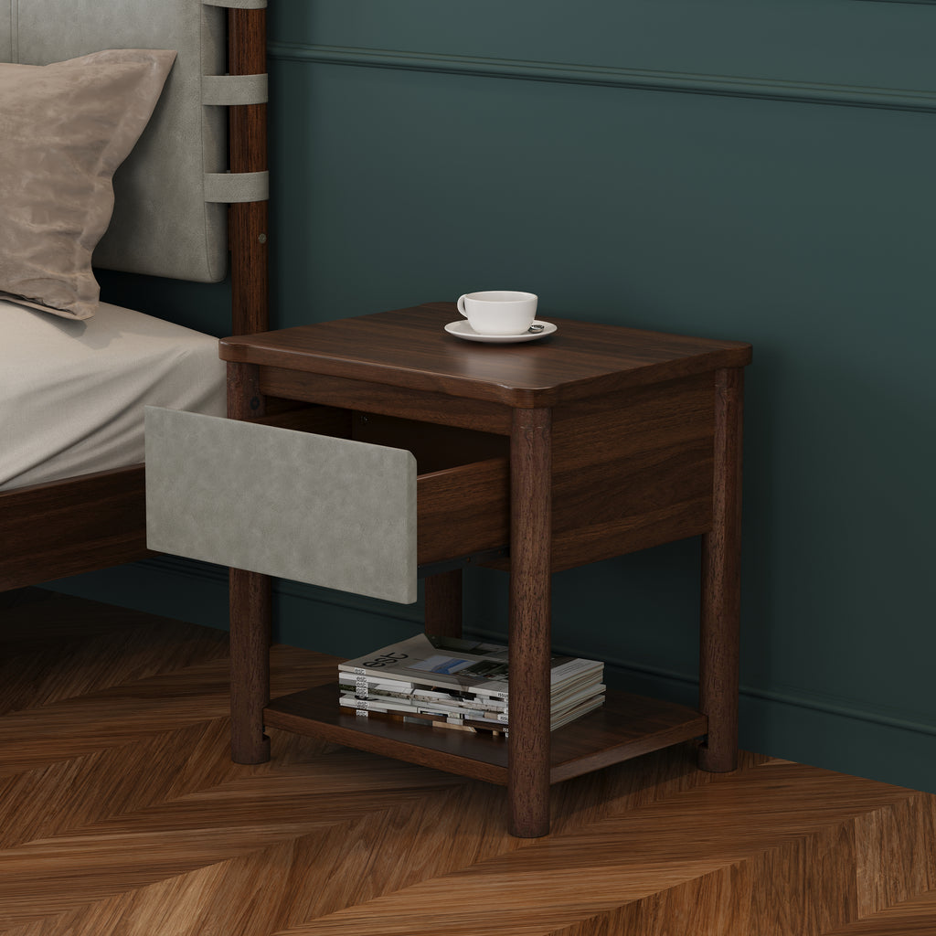 Wood Nightstand,Modern Nightstands with Drawer, Farmhouse Bedside Table for Bedroom Living Room,MP2(set of 2) Walnut&Light Grey Color Nightstands