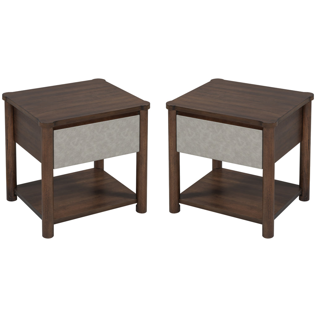 Wood Nightstand,Modern Nightstands with Drawer, Farmhouse Bedside Table for Bedroom Living Room,MP2(set of 2) Walnut&Light Grey Color Nightstands