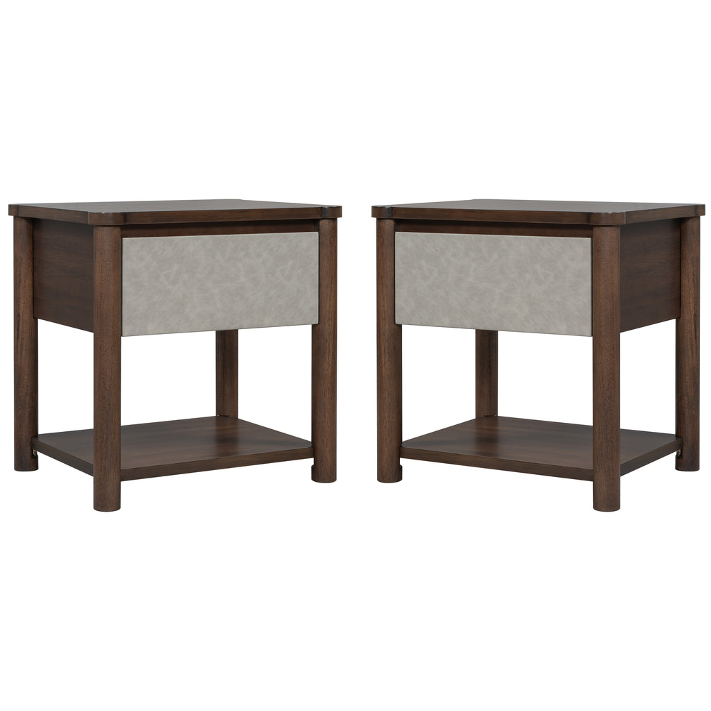 Wood Nightstand,Modern Nightstands with Drawer, Farmhouse Bedside Table for Bedroom Living Room,MP2(set of 2) Walnut&Light Grey Color Nightstands