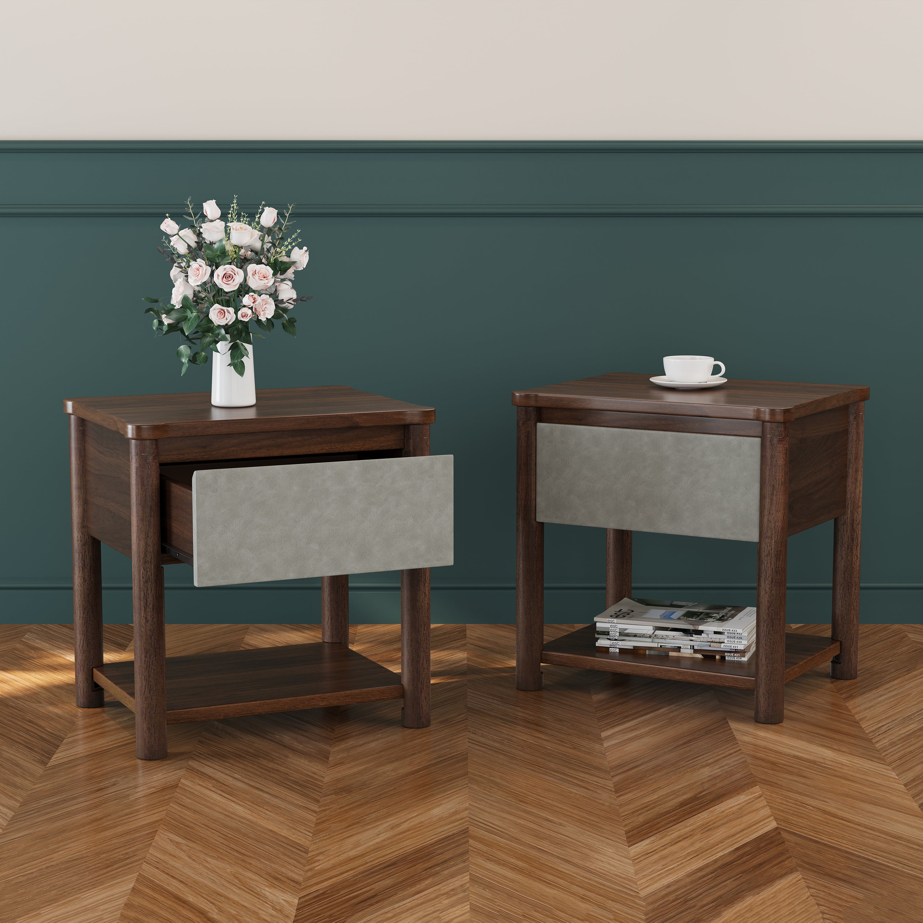 Wood Nightstand,Modern Nightstands with Drawer, Farmhouse Bedside Table for Bedroom Living Room,MP2(set of 2) Walnut&Light Grey Color Nightstands