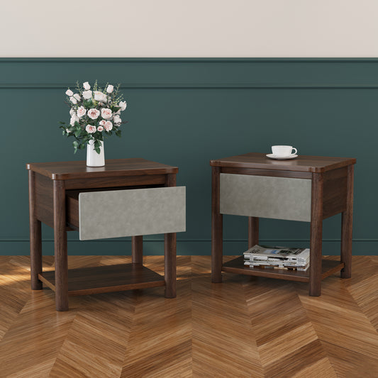 Wood Nightstand,Modern Nightstands with Drawer, Farmhouse Bedside Table for Bedroom Living Room,MP2(set of 2) Walnut&Light Grey Color Nightstands