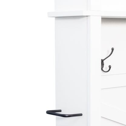 ON-TREND Farmhouse 4-in-1 Hall Tree with 6 Hooks, Practical Walnut Entryway Bench with Adjustable Shelves, Wooden Style Rustic Shoe Organizer with 16 Open Compartments for Mudroom, Living Room, White