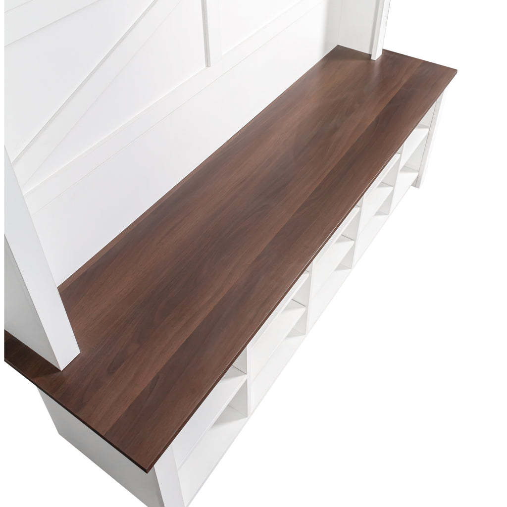ON-TREND Farmhouse 4-in-1 Hall Tree with 6 Hooks, Practical Walnut Entryway Bench with Adjustable Shelves, Wooden Style Rustic Shoe Organizer with 16 Open Compartments for Mudroom, Living Room, White