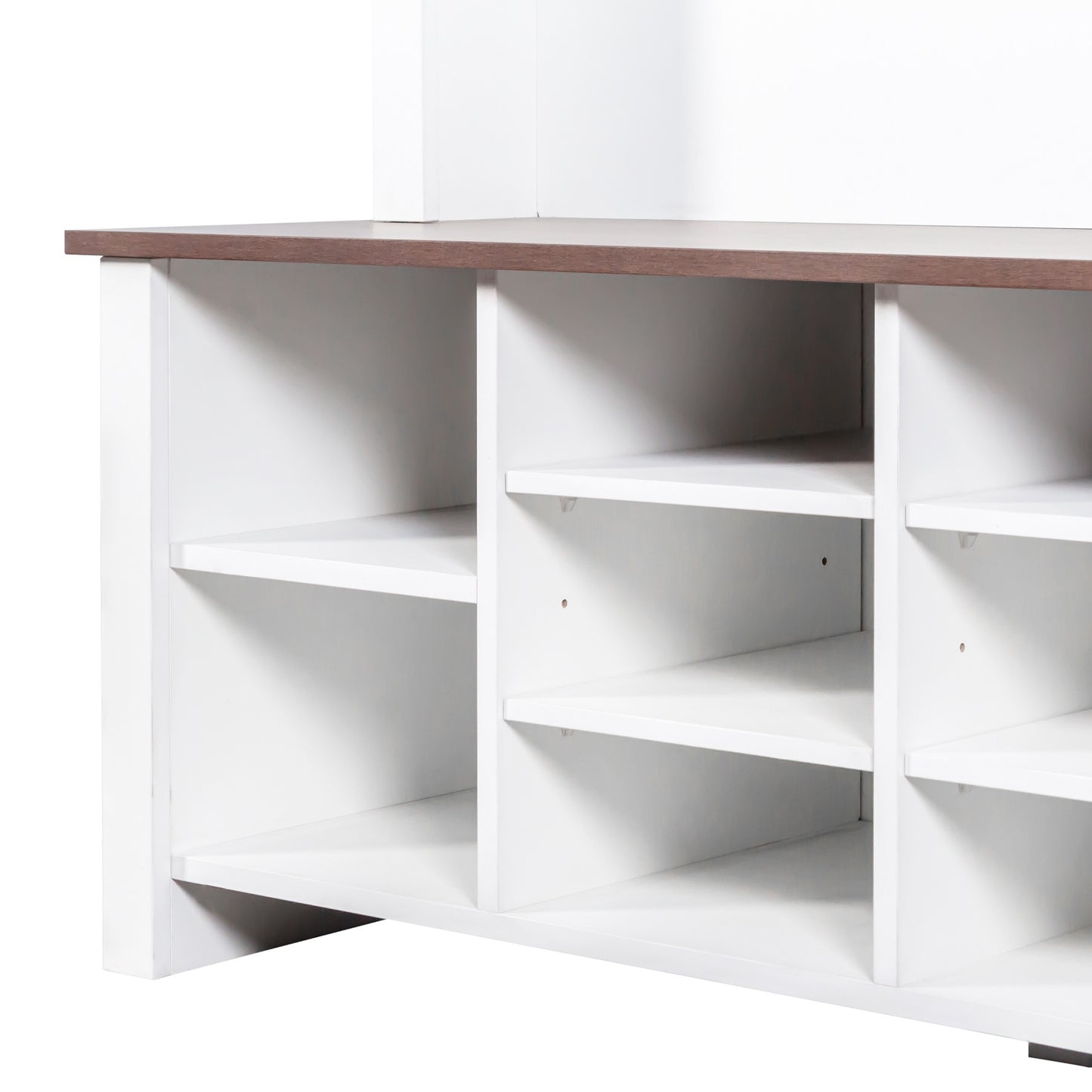 ON-TREND Farmhouse 4-in-1 Hall Tree with 6 Hooks, Practical Walnut Entryway Bench with Adjustable Shelves, Wooden Style Rustic Shoe Organizer with 16 Open Compartments for Mudroom, Living Room, White