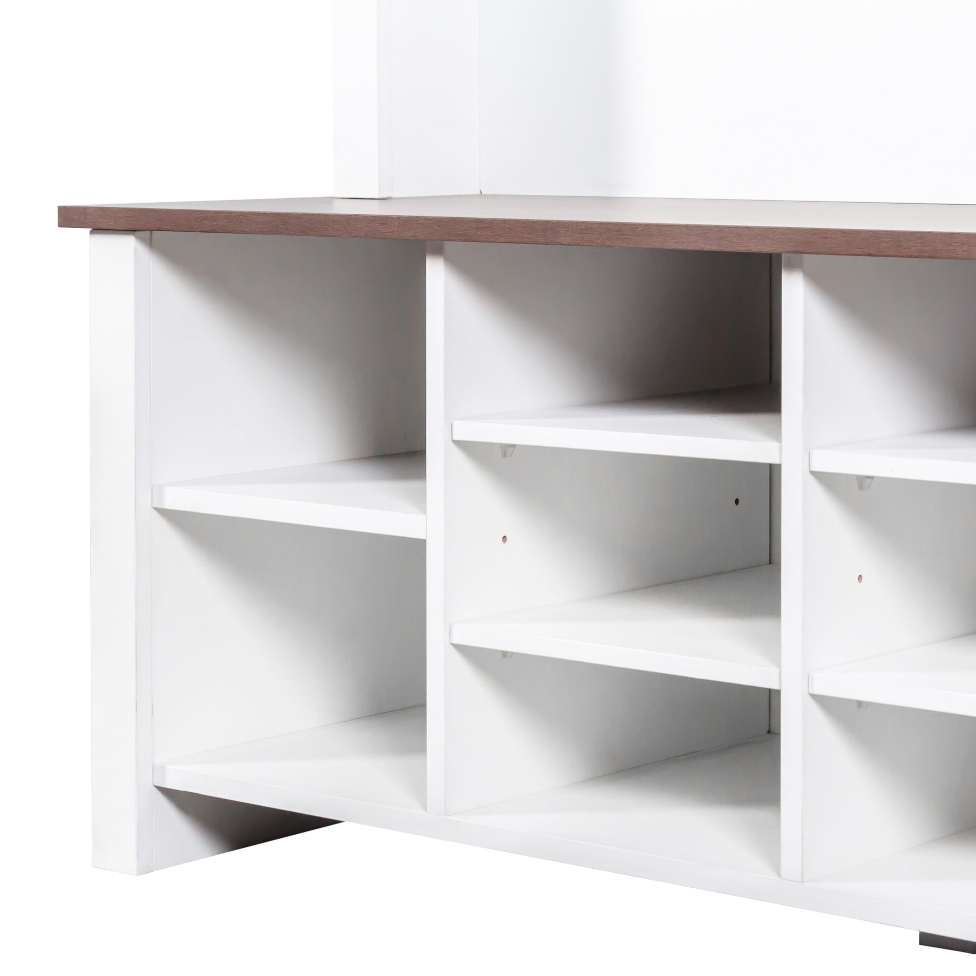 ON-TREND Farmhouse 4-in-1 Hall Tree with 6 Hooks, Practical Walnut Entryway Bench with Adjustable Shelves, Wooden Style Rustic Shoe Organizer with 16 Open Compartments for Mudroom, Living Room, White