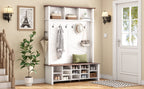ON-TREND Farmhouse 4-in-1 Hall Tree with 6 Hooks, Practical Walnut Entryway Bench with Adjustable Shelves, Wooden Style Rustic Shoe Organizer with 16 Open Compartments for Mudroom, Living Room, White