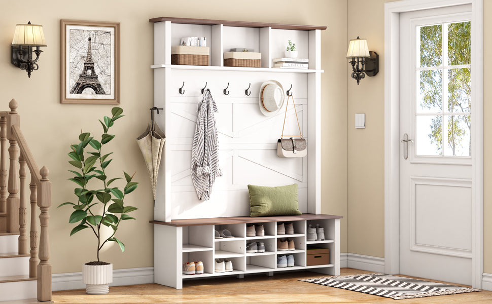 ON-TREND Farmhouse 4-in-1 Hall Tree with 6 Hooks, Practical Walnut Entryway Bench with Adjustable Shelves, Wooden Style Rustic Shoe Organizer with 16 Open Compartments for Mudroom, Living Room, White
