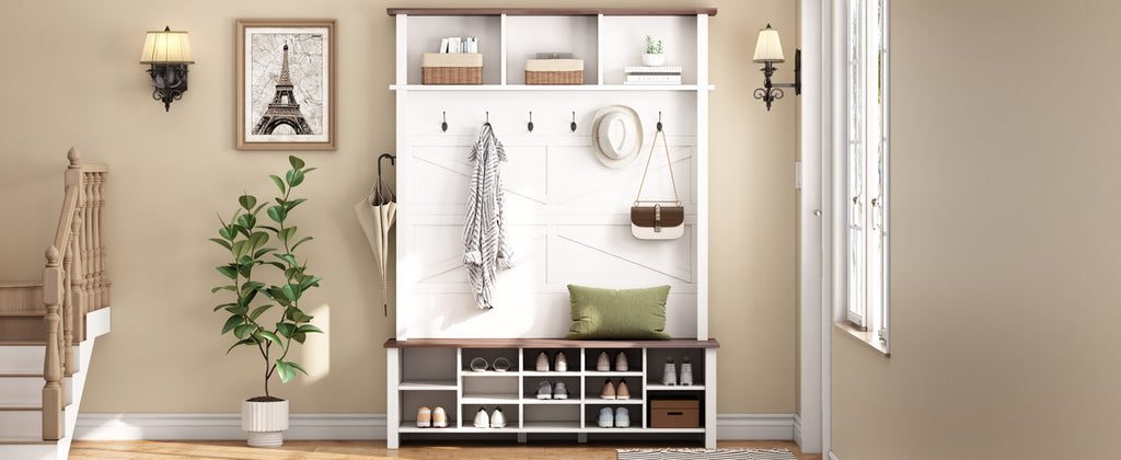 ON-TREND Farmhouse 4-in-1 Hall Tree with 6 Hooks, Practical Walnut Entryway Bench with Adjustable Shelves, Wooden Style Rustic Shoe Organizer with 16 Open Compartments for Mudroom, Living Room, White