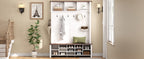 ON-TREND Farmhouse 4-in-1 Hall Tree with 6 Hooks, Practical Walnut Entryway Bench with Adjustable Shelves, Wooden Style Rustic Shoe Organizer with 16 Open Compartments for Mudroom, Living Room, White
