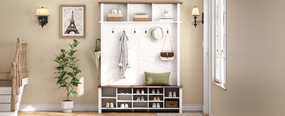 ON-TREND Farmhouse 4-in-1 Hall Tree with 6 Hooks, Practical Walnut Entryway Bench with Adjustable Shelves, Wooden Style Rustic Shoe Organizer with 16 Open Compartments for Mudroom, Living Room, White