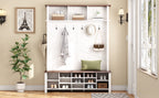ON-TREND Farmhouse 4-in-1 Hall Tree with 6 Hooks, Practical Walnut Entryway Bench with Adjustable Shelves, Wooden Style Rustic Shoe Organizer with 16 Open Compartments for Mudroom, Living Room, White