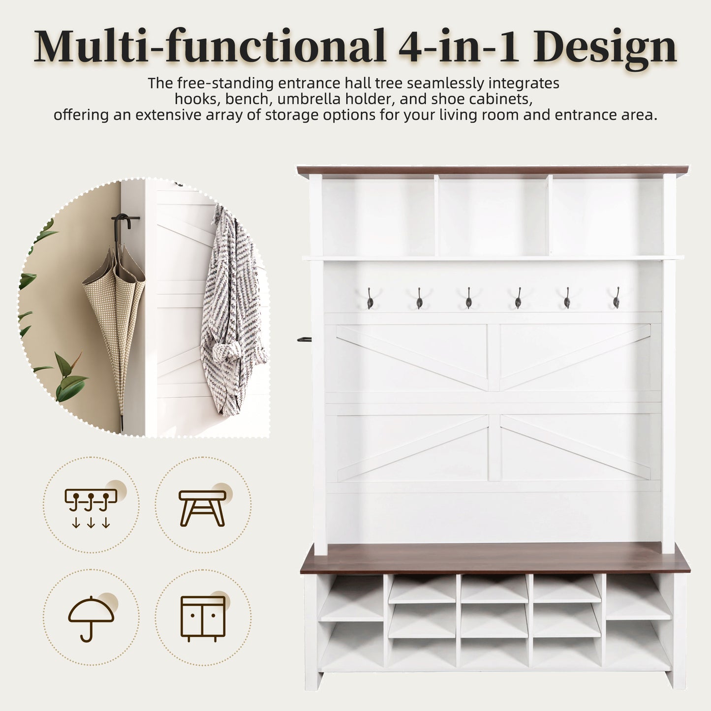 ON-TREND Farmhouse 4-in-1 Hall Tree with 6 Hooks, Practical Walnut Entryway Bench with Adjustable Shelves, Wooden Style Rustic Shoe Organizer with 16 Open Compartments for Mudroom, Living Room, White