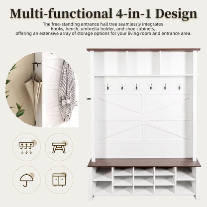 ON-TREND Farmhouse 4-in-1 Hall Tree with 6 Hooks, Practical Walnut Entryway Bench with Adjustable Shelves, Wooden Style Rustic Shoe Organizer with 16 Open Compartments for Mudroom, Living Room, White
