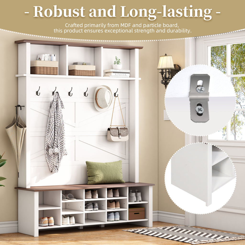 ON-TREND Farmhouse 4-in-1 Hall Tree with 6 Hooks, Practical Walnut Entryway Bench with Adjustable Shelves, Wooden Style Rustic Shoe Organizer with 16 Open Compartments for Mudroom, Living Room, White