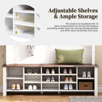 ON-TREND Farmhouse 4-in-1 Hall Tree with 6 Hooks, Practical Walnut Entryway Bench with Adjustable Shelves, Wooden Style Rustic Shoe Organizer with 16 Open Compartments for Mudroom, Living Room, White