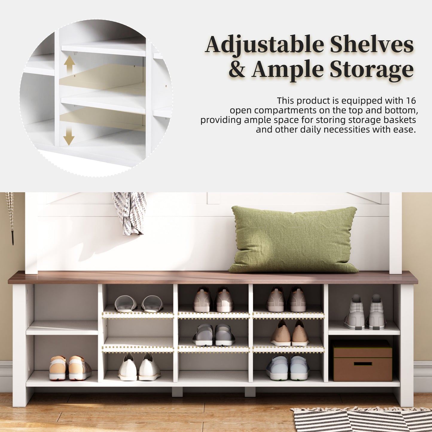 ON-TREND Farmhouse 4-in-1 Hall Tree with 6 Hooks, Practical Walnut Entryway Bench with Adjustable Shelves, Wooden Style Rustic Shoe Organizer with 16 Open Compartments for Mudroom, Living Room, White