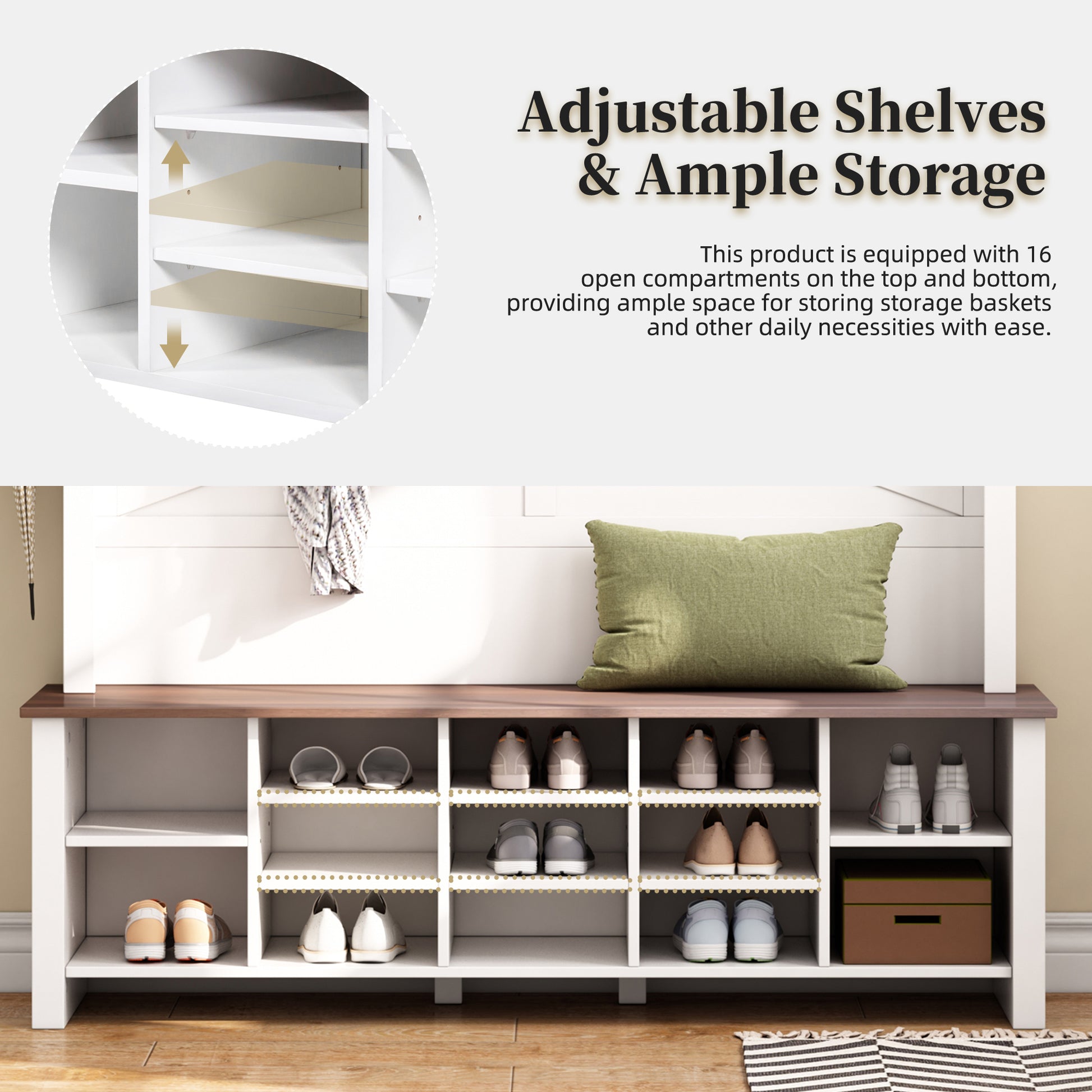 ON-TREND Farmhouse 4-in-1 Hall Tree with 6 Hooks, Practical Walnut Entryway Bench with Adjustable Shelves, Wooden Style Rustic Shoe Organizer with 16 Open Compartments for Mudroom, Living Room, White