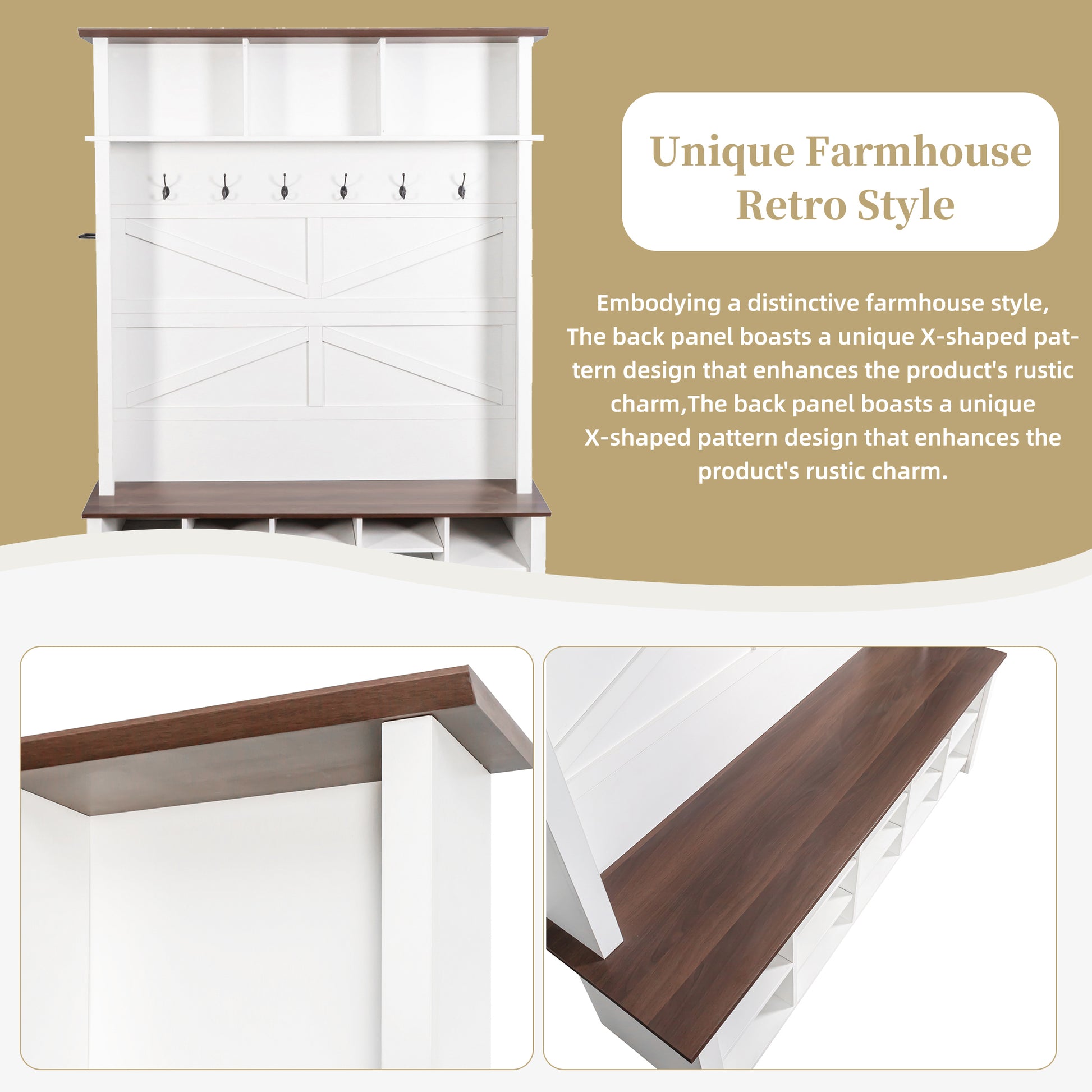 ON-TREND Farmhouse 4-in-1 Hall Tree with 6 Hooks, Practical Walnut Entryway Bench with Adjustable Shelves, Wooden Style Rustic Shoe Organizer with 16 Open Compartments for Mudroom, Living Room, White