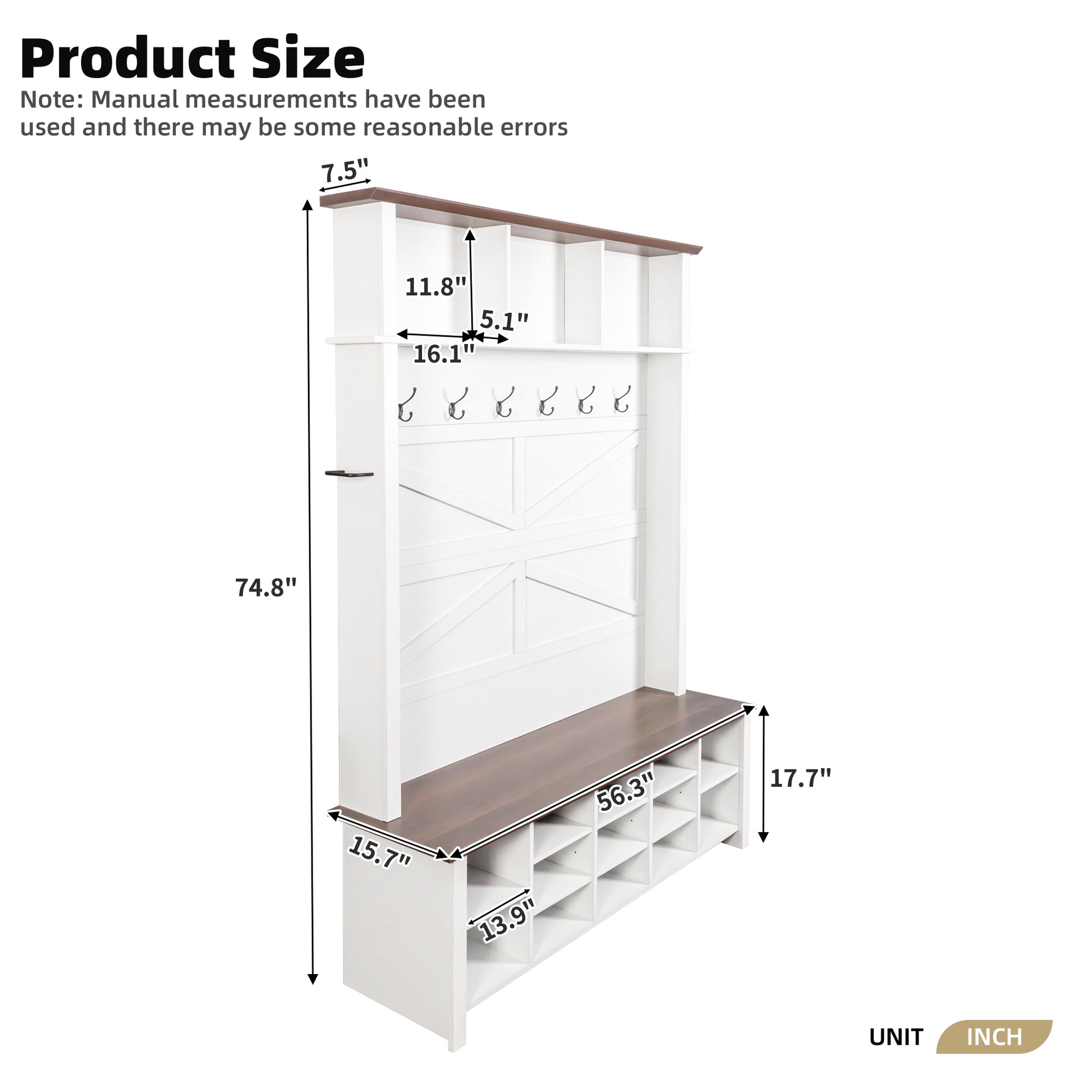 ON-TREND Farmhouse 4-in-1 Hall Tree with 6 Hooks, Practical Walnut Entryway Bench with Adjustable Shelves, Wooden Style Rustic Shoe Organizer with 16 Open Compartments for Mudroom, Living Room, White