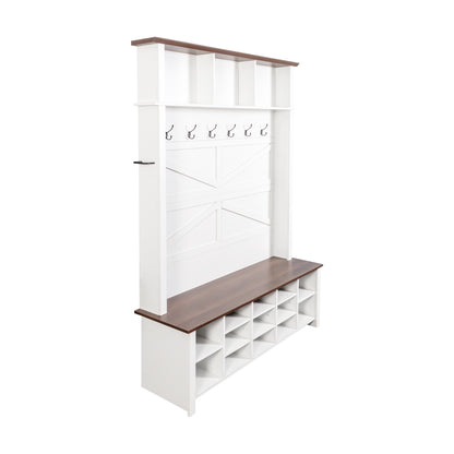 ON-TREND Farmhouse 4-in-1 Hall Tree with 6 Hooks, Practical Walnut Entryway Bench with Adjustable Shelves, Wooden Style Rustic Shoe Organizer with 16 Open Compartments for Mudroom, Living Room, White