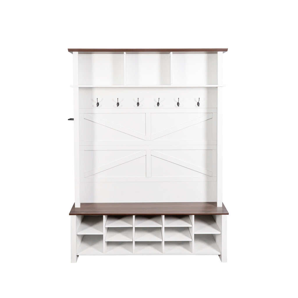 ON-TREND Farmhouse 4-in-1 Hall Tree with 6 Hooks, Practical Walnut Entryway Bench with Adjustable Shelves, Wooden Style Rustic Shoe Organizer with 16 Open Compartments for Mudroom, Living Room, White