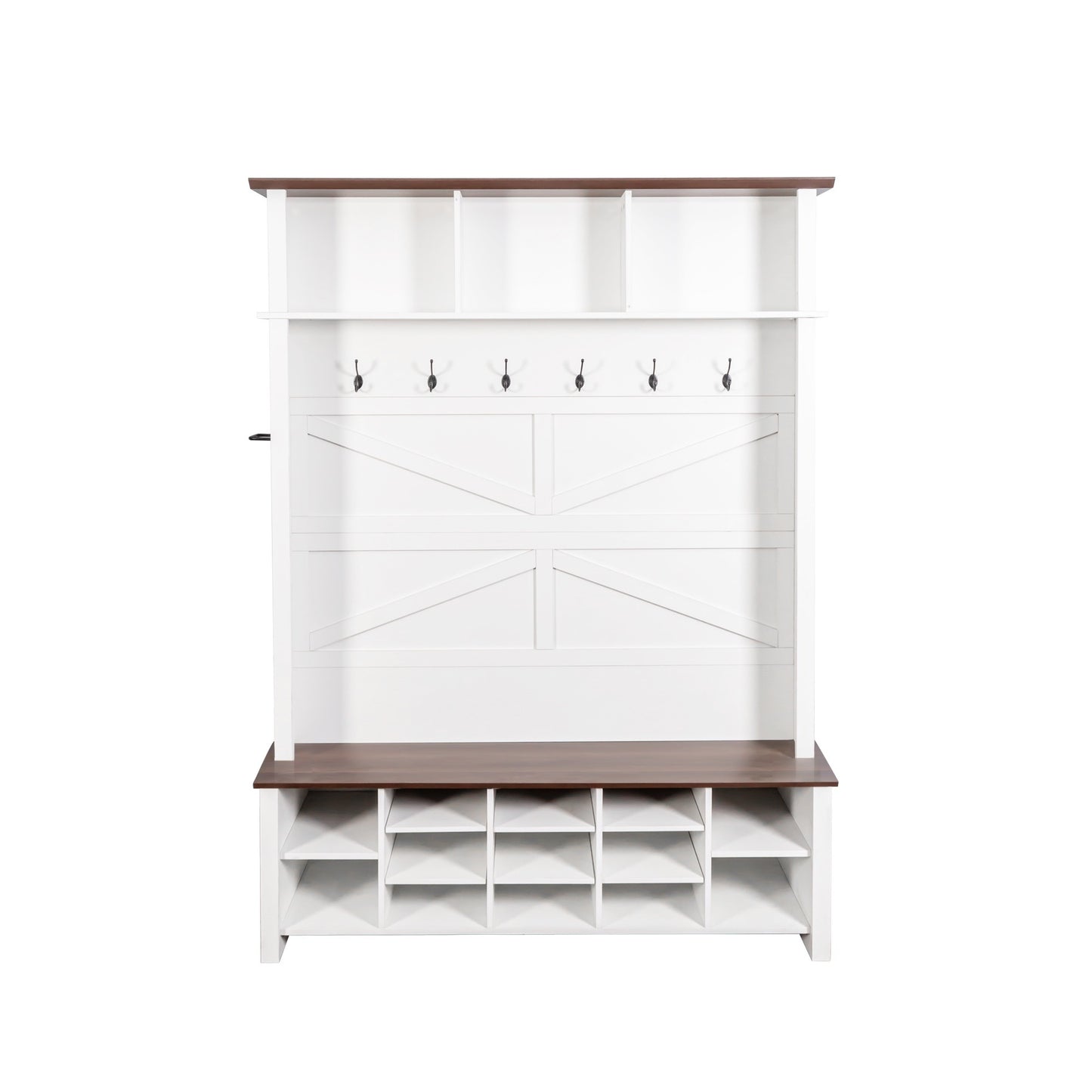 ON-TREND Farmhouse 4-in-1 Hall Tree with 6 Hooks, Practical Walnut Entryway Bench with Adjustable Shelves, Wooden Style Rustic Shoe Organizer with 16 Open Compartments for Mudroom, Living Room, White