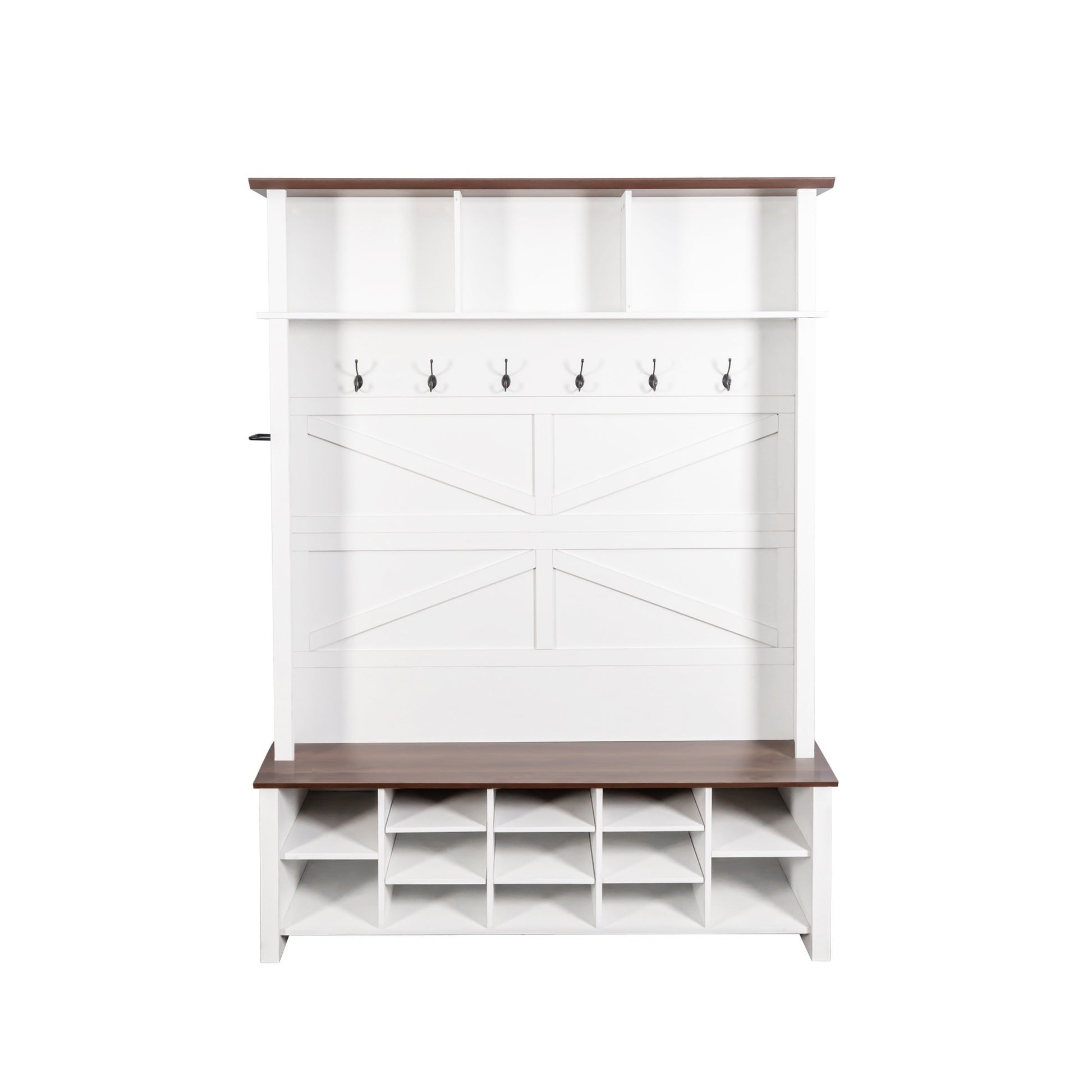 ON-TREND Farmhouse 4-in-1 Hall Tree with 6 Hooks, Practical Walnut Entryway Bench with Adjustable Shelves, Wooden Style Rustic Shoe Organizer with 16 Open Compartments for Mudroom, Living Room, White
