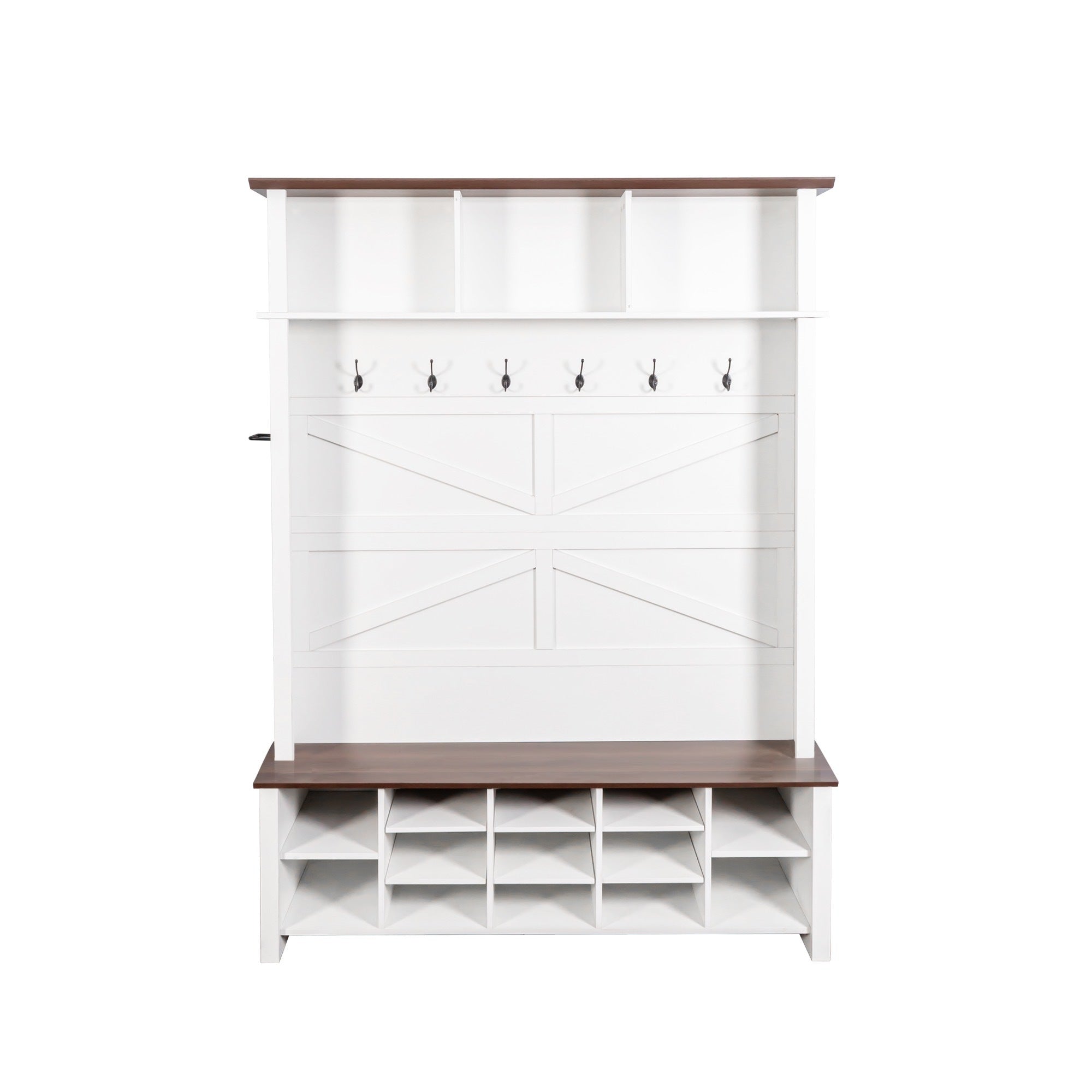 ON-TREND Farmhouse 4-in-1 Hall Tree with 6 Hooks, Practical Walnut Entryway Bench with Adjustable Shelves, Wooden Style Rustic Shoe Organizer with 16 Open Compartments for Mudroom, Living Room, White