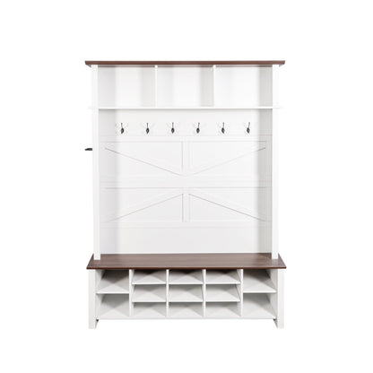 ON-TREND Farmhouse 4-in-1 Hall Tree with 6 Hooks, Practical Walnut Entryway Bench with Adjustable Shelves, Wooden Style Rustic Shoe Organizer with 16 Open Compartments for Mudroom, Living Room, White