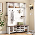 ON-TREND Farmhouse 4-in-1 Hall Tree with 6 Hooks, Practical Walnut Entryway Bench with Adjustable Shelves, Wooden Style Rustic Shoe Organizer with 16 Open Compartments for Mudroom, Living Room, White