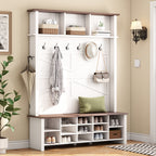 ON-TREND Farmhouse 4-in-1 Hall Tree with 6 Hooks, Practical Walnut Entryway Bench with Adjustable Shelves, Wooden Style Rustic Shoe Organizer with 16 Open Compartments for Mudroom, Living Room, White