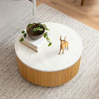 Natural Style Faux White Marble Round Coffee Table with Storage MDF and Solid Wood 35.5' Coffee Table
