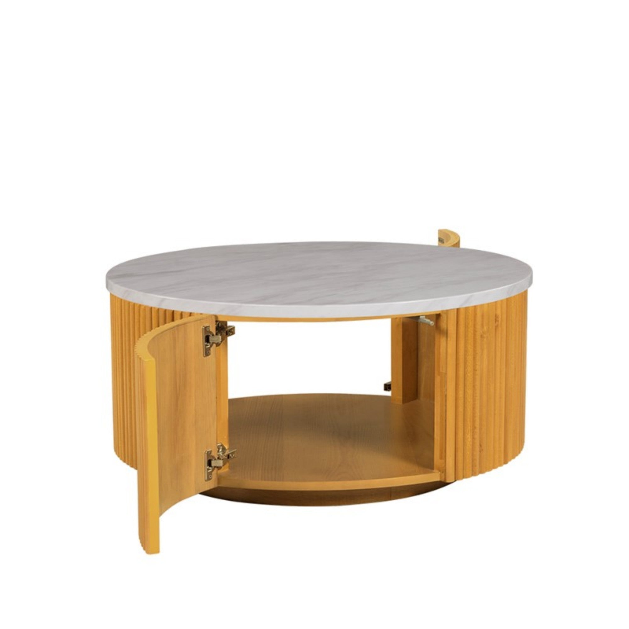 Natural Style Faux White Marble Round Coffee Table with Storage MDF and Solid Wood 35.5' Coffee Table