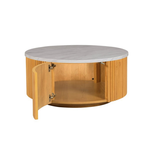 Natural Style Faux White Marble Round Coffee Table with Storage MDF and Solid Wood 35.5' Coffee Table