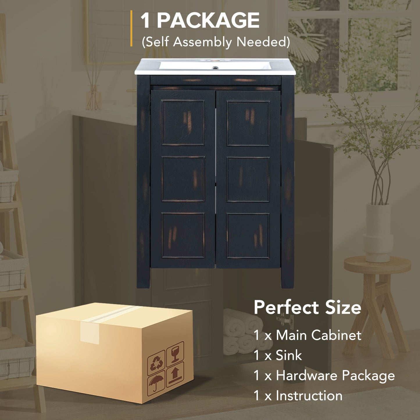 24x18x34 Inches Vintage Style Small Bathroom Vanity Combo with Ceramic Sink, 2 Soft-close Doors - Groovy Boardz