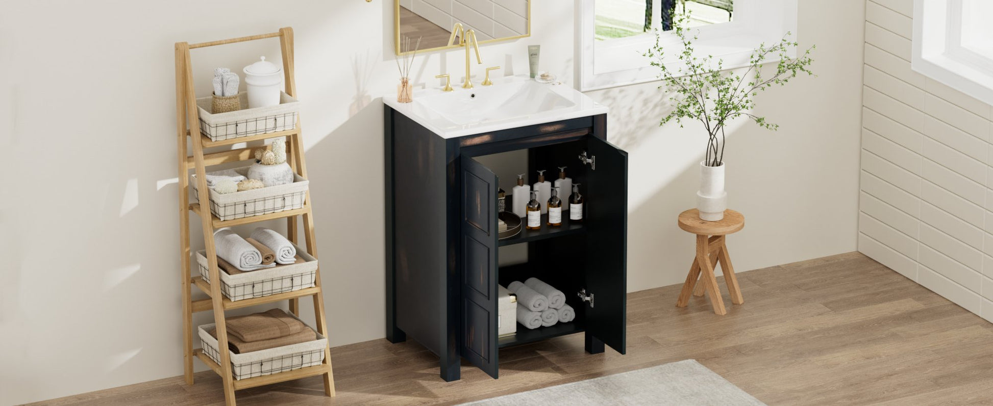 24x18x34 Inches Vintage Style Small Bathroom Vanity Combo with Ceramic Sink, 2 Soft-close Doors - Groovy Boardz