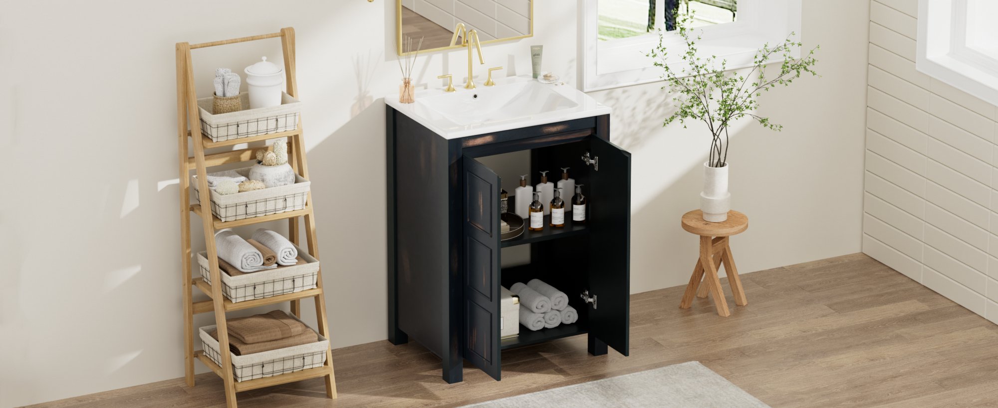 24x18x34 Inches Vintage Style Small Bathroom Vanity Combo with Ceramic Sink, 2 Soft-close Doors - Groovy Boardz